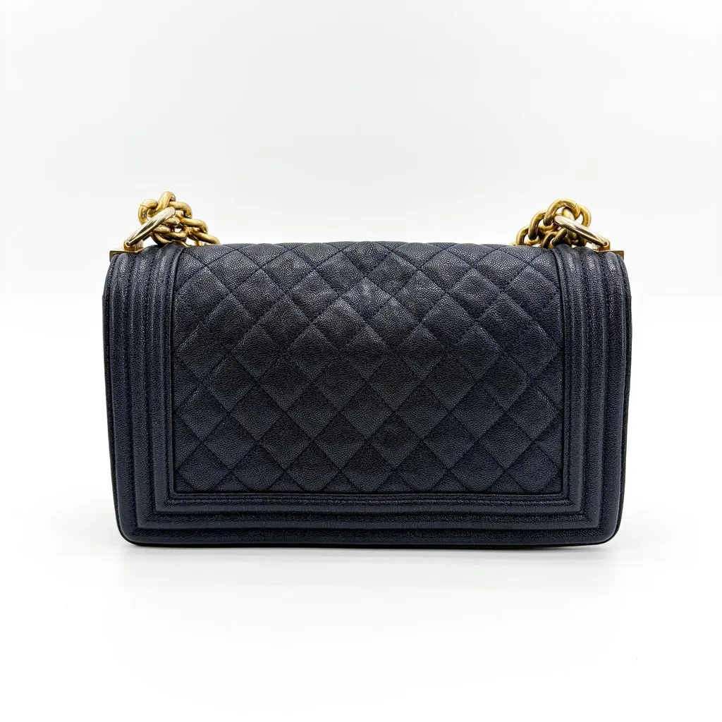 Chanel Boy Chanel Flap Bag Medium Navy Caviar Vintage Gold Hardware Navy Leather Good - Inside View