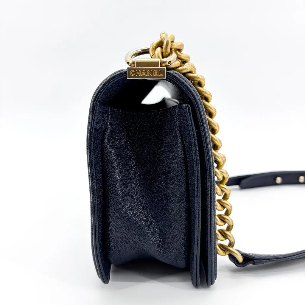 Chanel Boy Chanel Flap Bag Medium Navy Caviar Vintage Gold Hardware Navy Leather Good - Box View