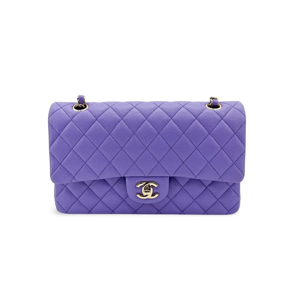 Chanel Classic Flap Bag Medium Grained Calfskin Lavender Purple Gold Hardware Gold Leather Very good - Front View