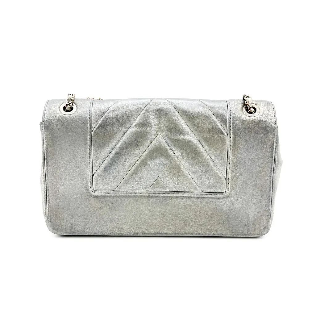 Chanel Chevron V-Stitch Metallic Flap Bag Silver Hardware Silver Leather Fair - Back View