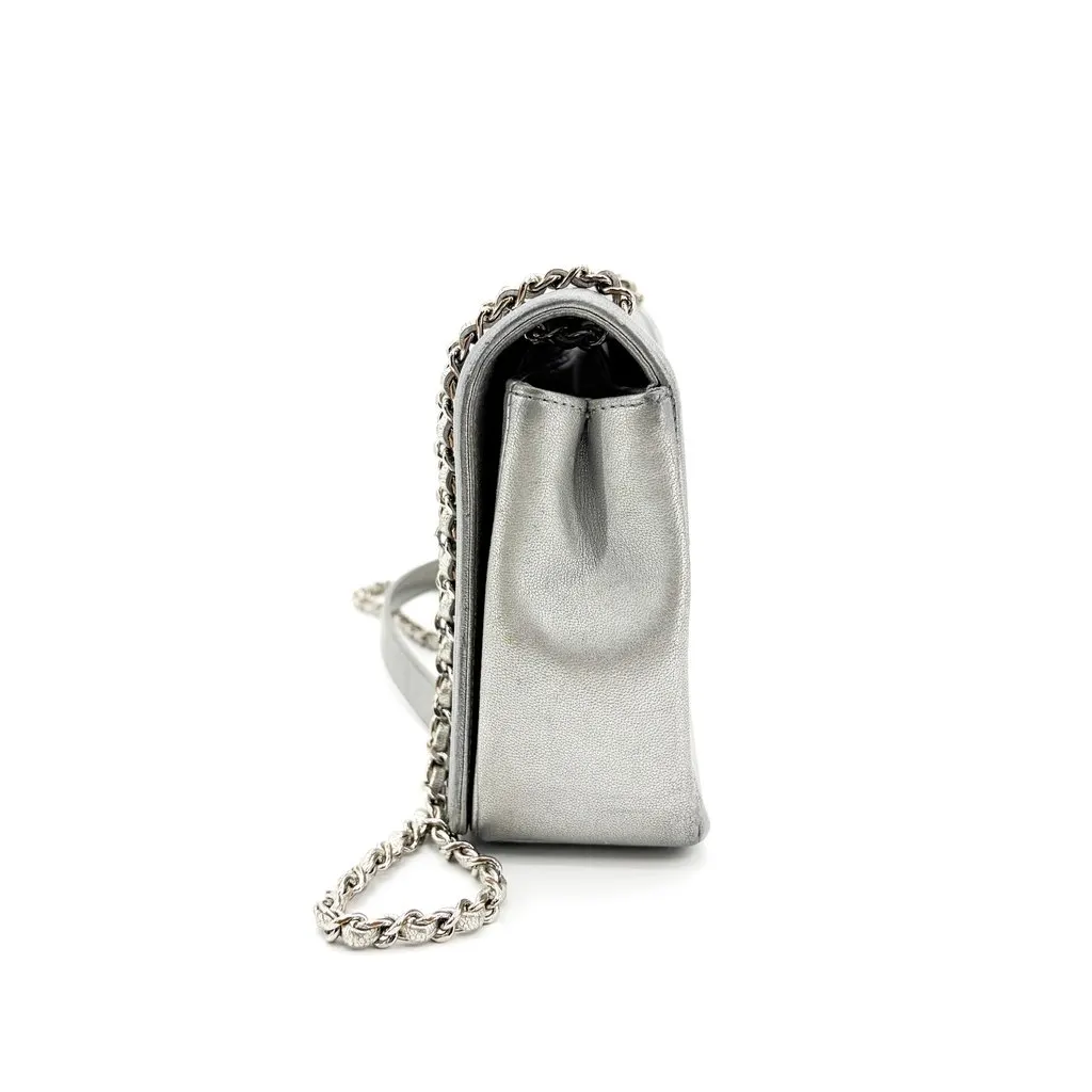 Chanel Chevron V-Stitch Metallic Flap Bag Silver Hardware Silver Leather Fair - Inside View