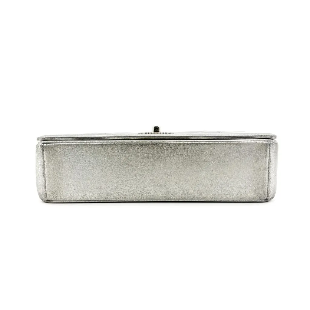 Chanel Chevron V-Stitch Metallic Flap Bag Silver Hardware Silver Leather Fair - Box View