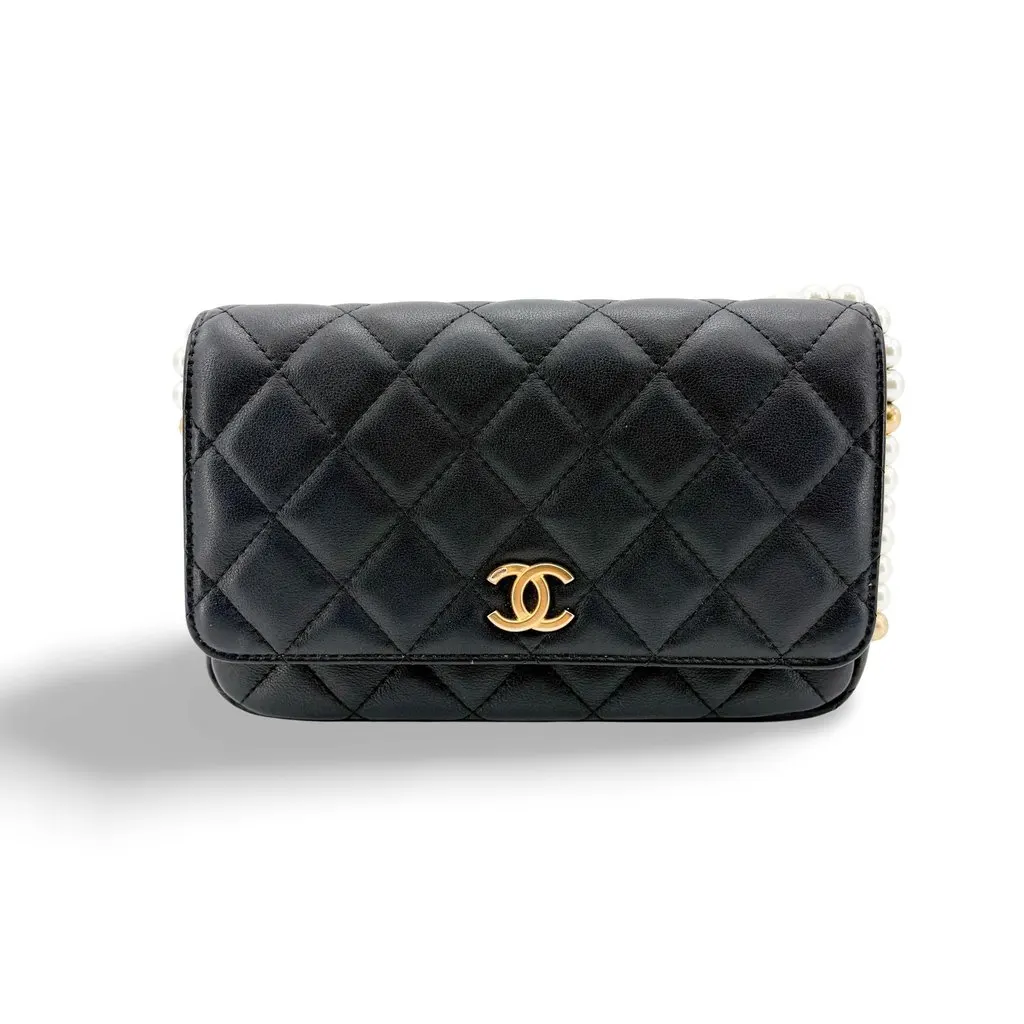 Chanel Lambskin Pearl Strap Mini Flap Bag Black Gold Hardware Black Leather Very good - Front View