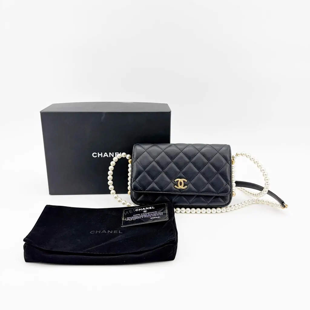 Chanel Lambskin Pearl Strap Mini Flap Bag Black Gold Hardware Black Leather Very good - Back View