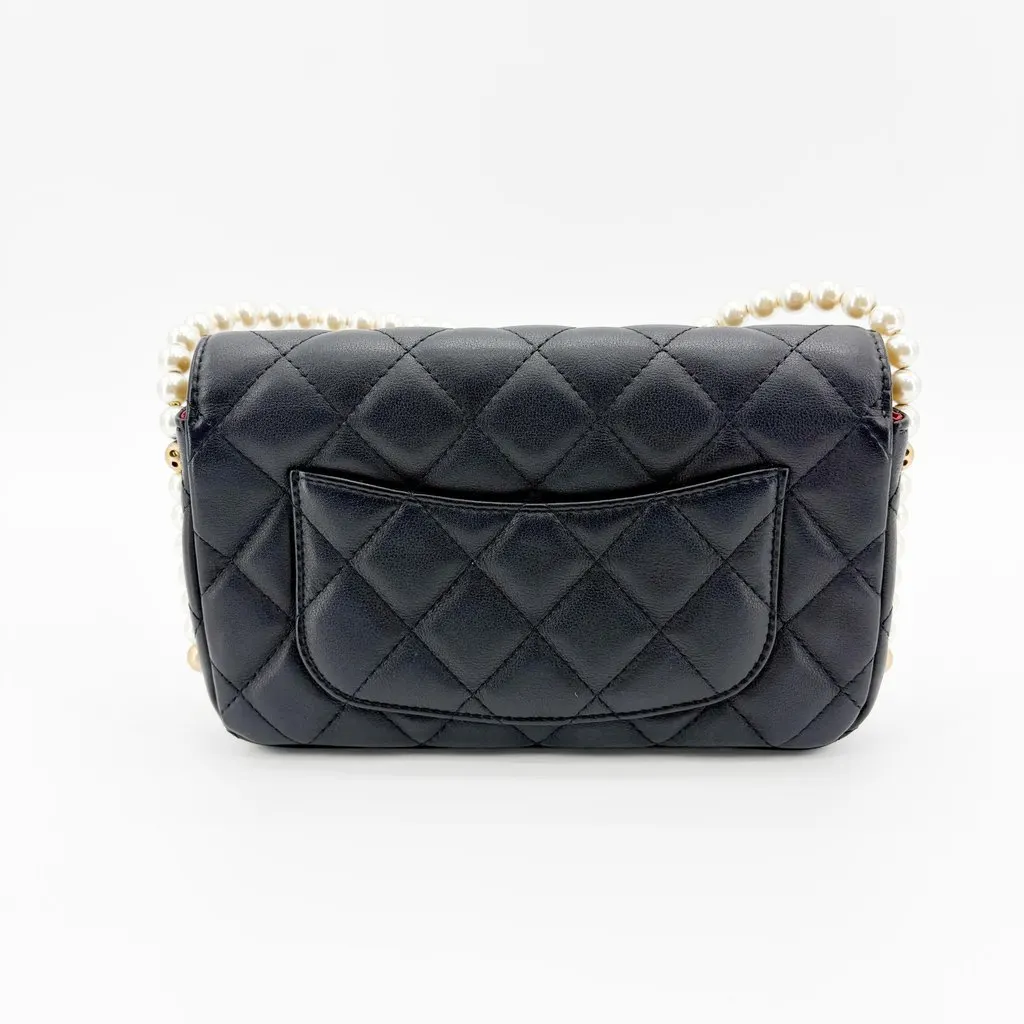 Chanel Lambskin Pearl Strap Mini Flap Bag Black Gold Hardware Black Leather Very good - Inside View