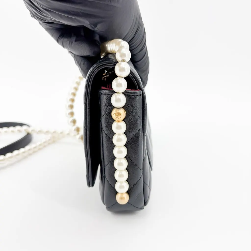 Chanel Lambskin Pearl Strap Mini Flap Bag Black Gold Hardware Black Leather Very good - Model View