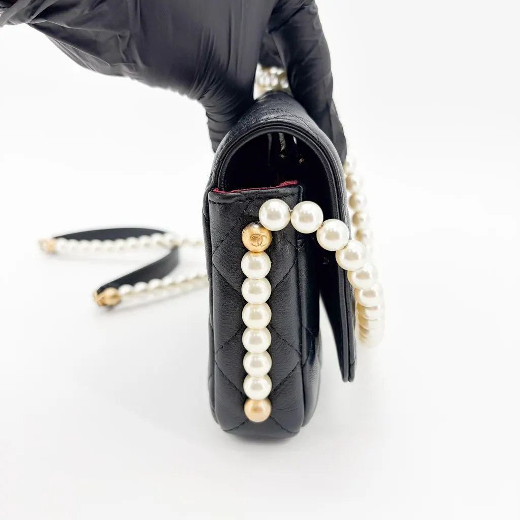 Chanel Lambskin Pearl Strap Mini Flap Bag Black Gold Hardware Black Leather Very good - Box View