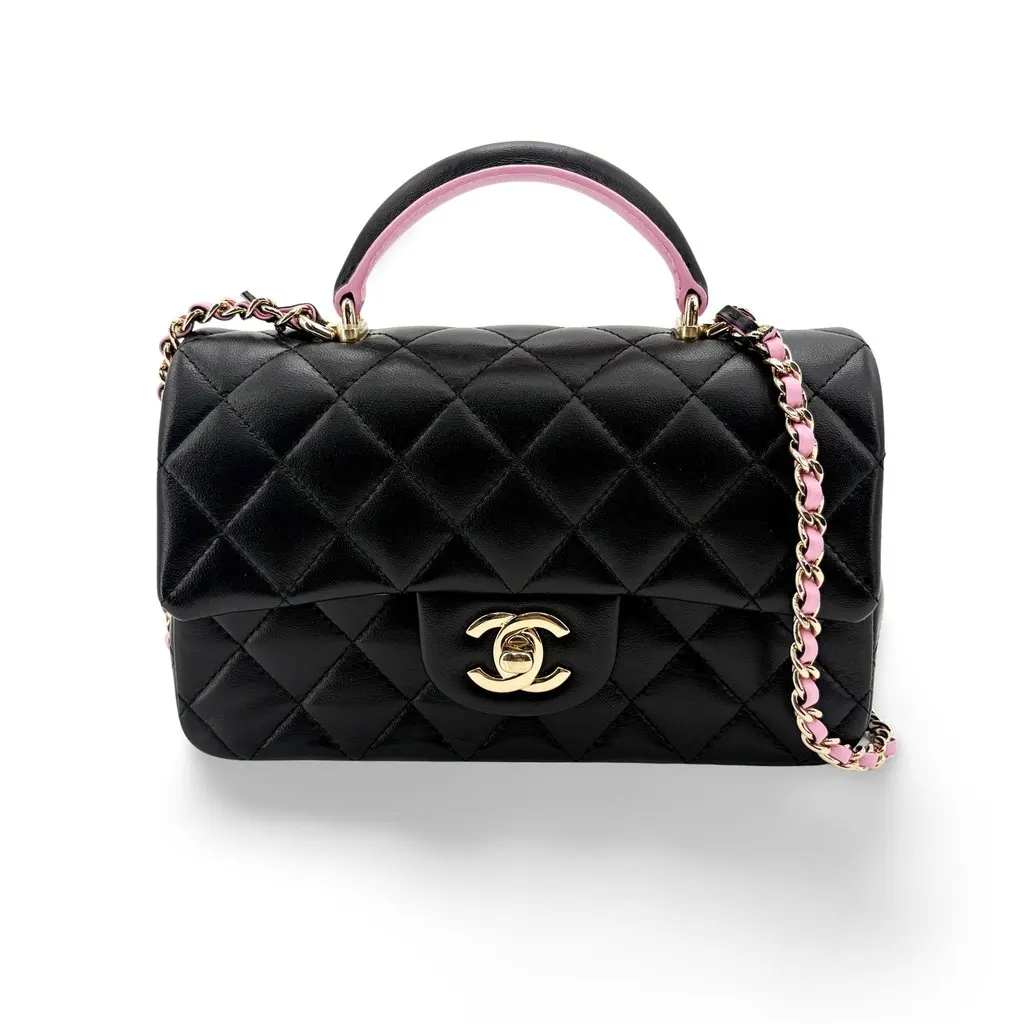 Chanel Lambskin Handle Mini Flap Bag Black and Pink Gold Hardware Black Leather Very good - Front View