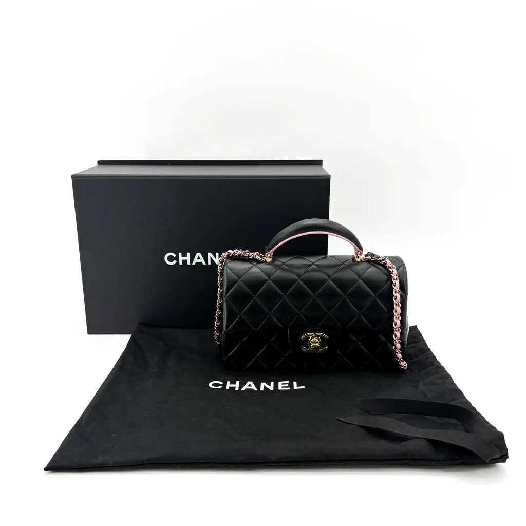 Chanel Lambskin Handle Mini Flap Bag Black and Pink Gold Hardware Black Leather Very good - Back View