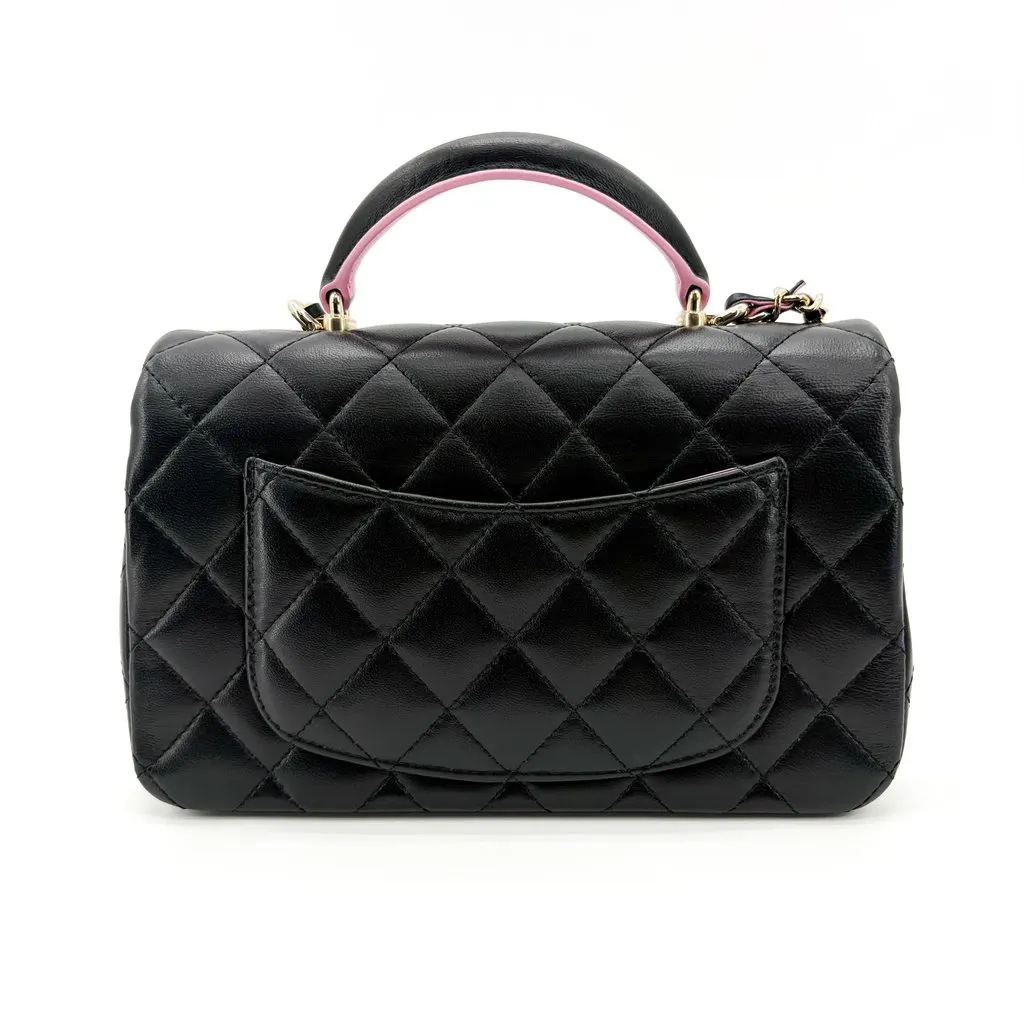 Chanel Lambskin Handle Mini Flap Bag Black and Pink Gold Hardware Black Leather Very good - Inside View