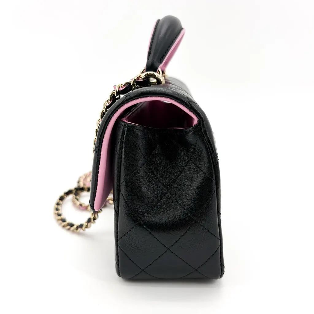 Chanel Lambskin Handle Mini Flap Bag Black and Pink Gold Hardware Black Leather Very good - Model View