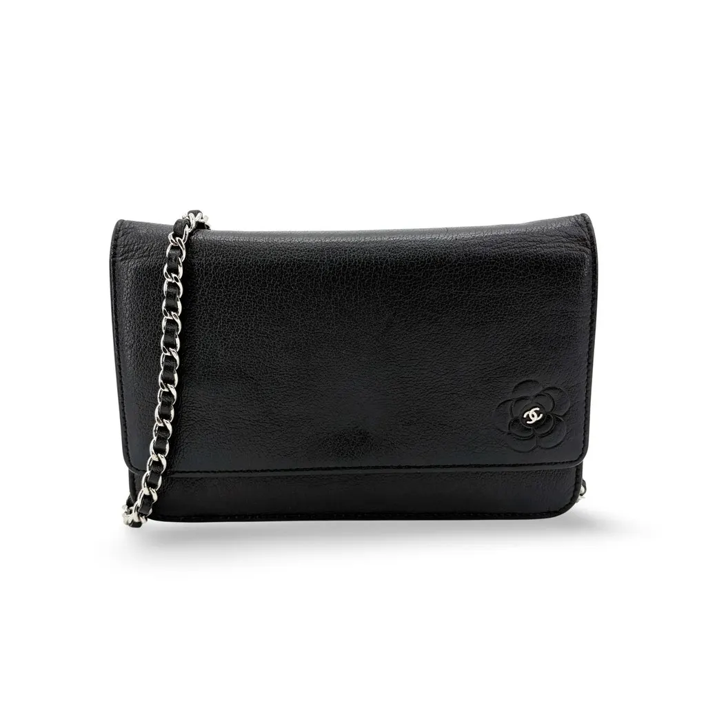 Chanel Camellia Wallet on Chain Black Silver Hardware Black Leather Very good - Front View