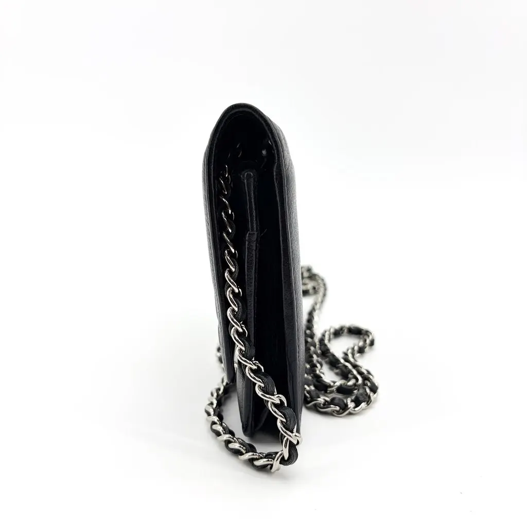 Chanel Camellia Wallet on Chain Black Silver Hardware Black Leather Very good - Inside View