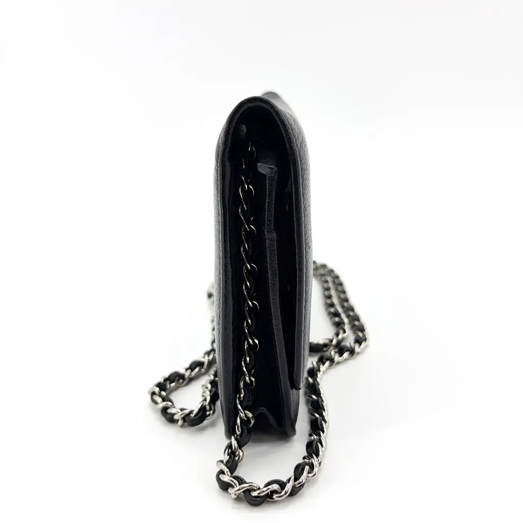 Chanel Camellia Wallet on Chain Black Silver Hardware Black Leather Very good - Model View