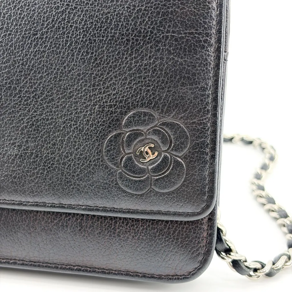 Chanel Camellia Wallet on Chain Black Silver Hardware Black Leather Very good - Box View