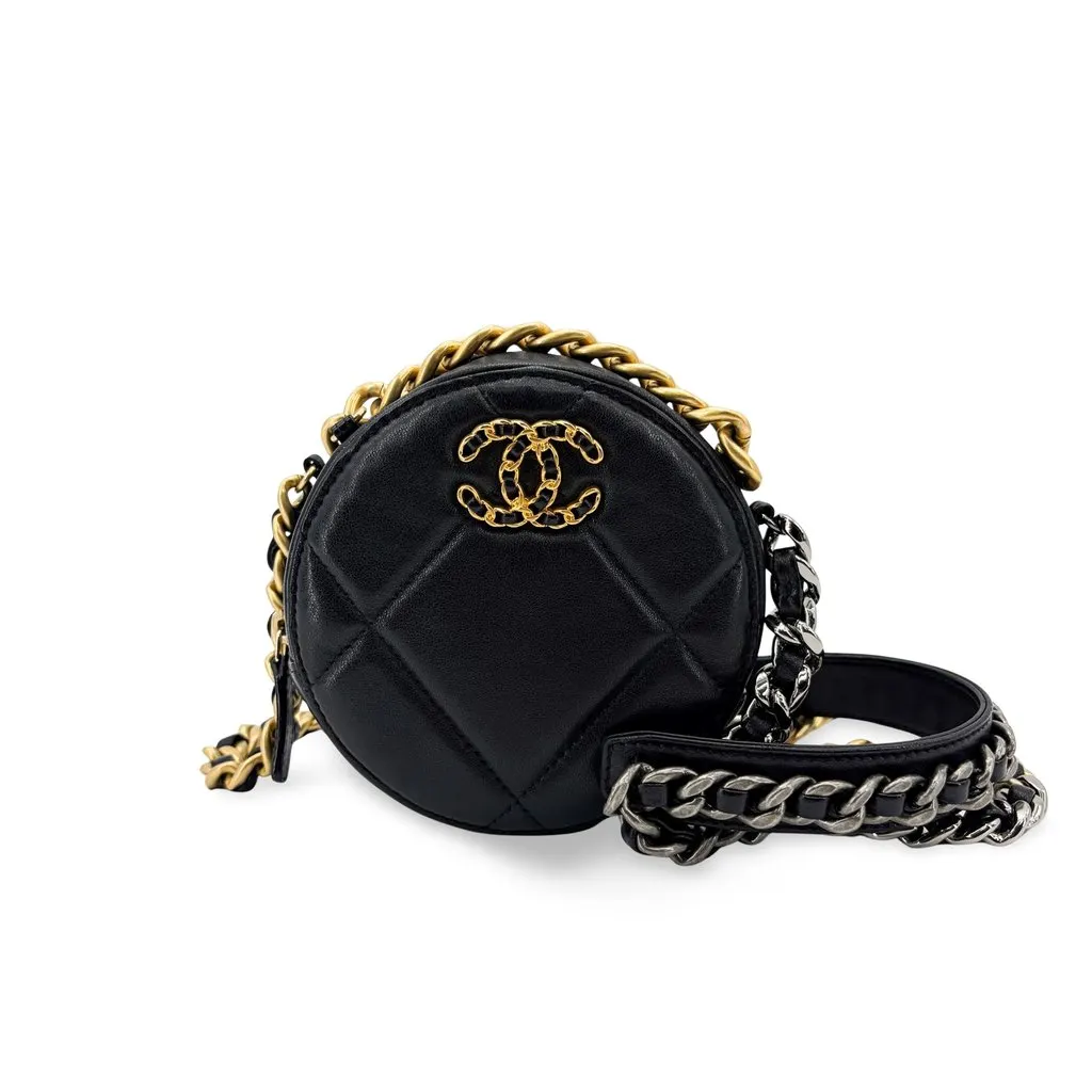 Chanel 19 Round Clutch with Chain Black Black Leather Very good - Front View