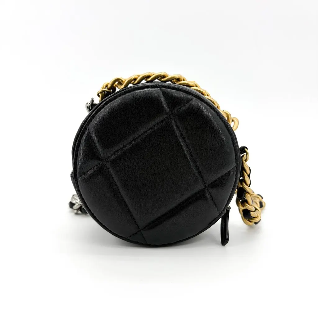 Chanel 19 Round Clutch with Chain Black Black Leather Very good - Back View