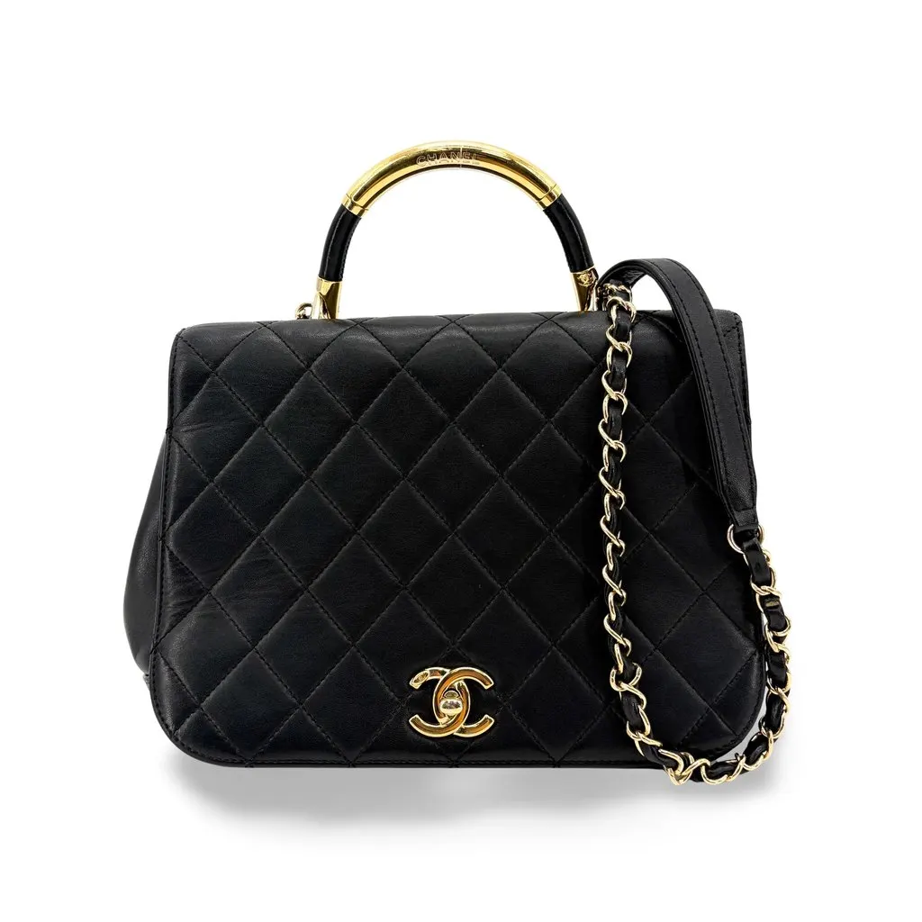 Chanel Small Trendy CC Top Handle Bag Black Gold Hardware Black Leather Good - Front View