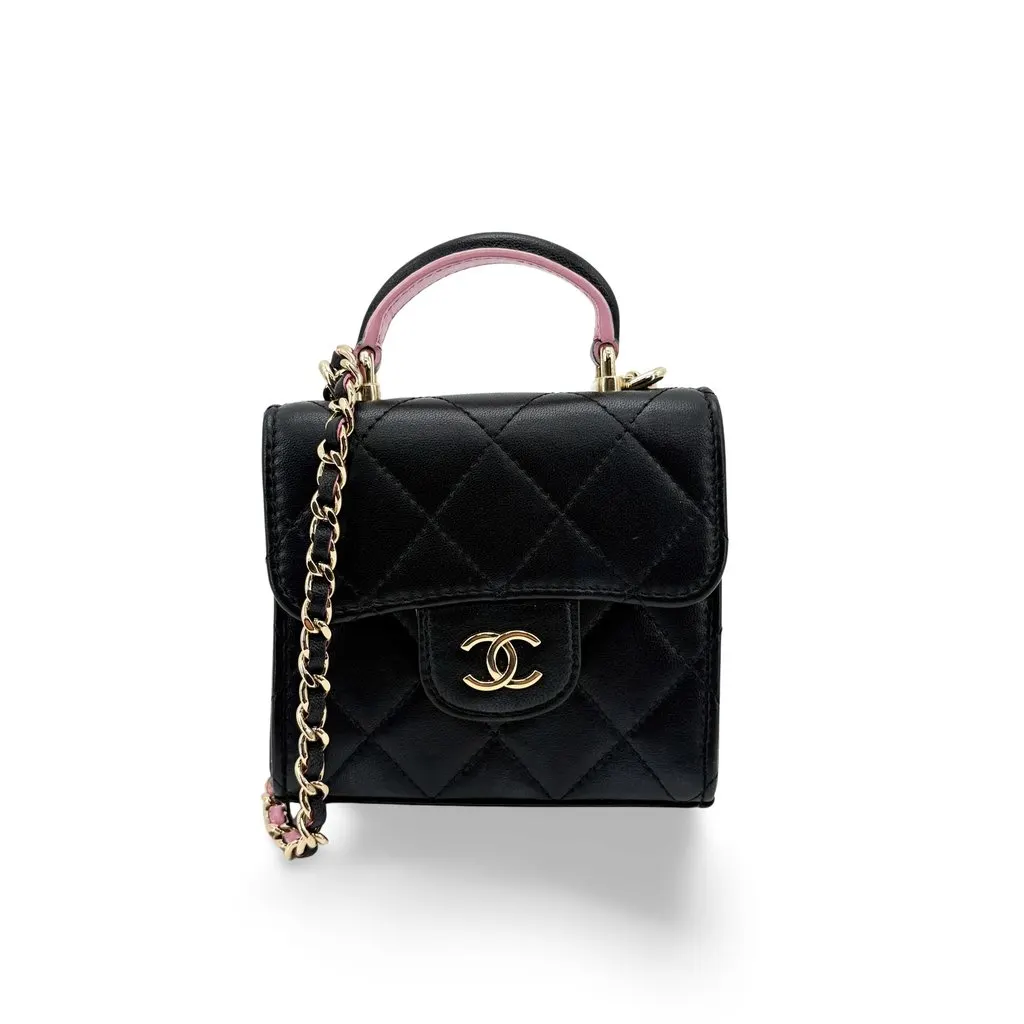 Chanel Lambskin Mini Top Handle Flap Bag Black Champagne Gold Black Leather Very good - Front View