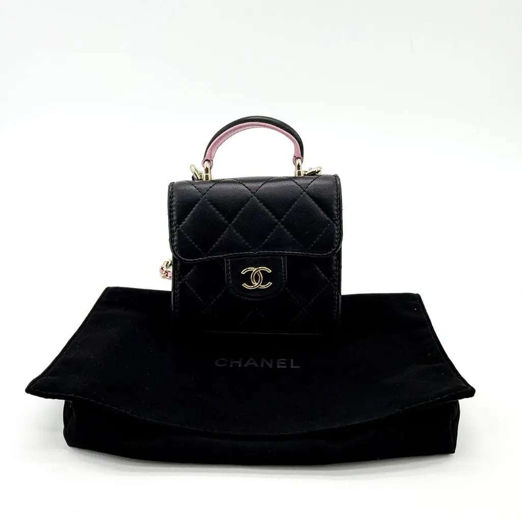 Chanel Lambskin Mini Top Handle Flap Bag Black Champagne Gold Black Leather Very good - Back View