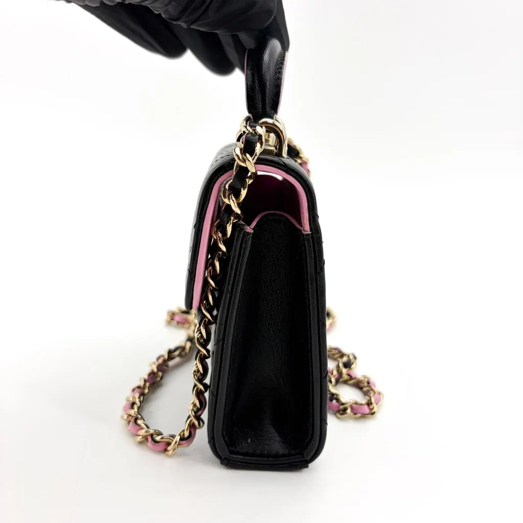 Chanel Lambskin Mini Top Handle Flap Bag Black Champagne Gold Black Leather Very good - Model View