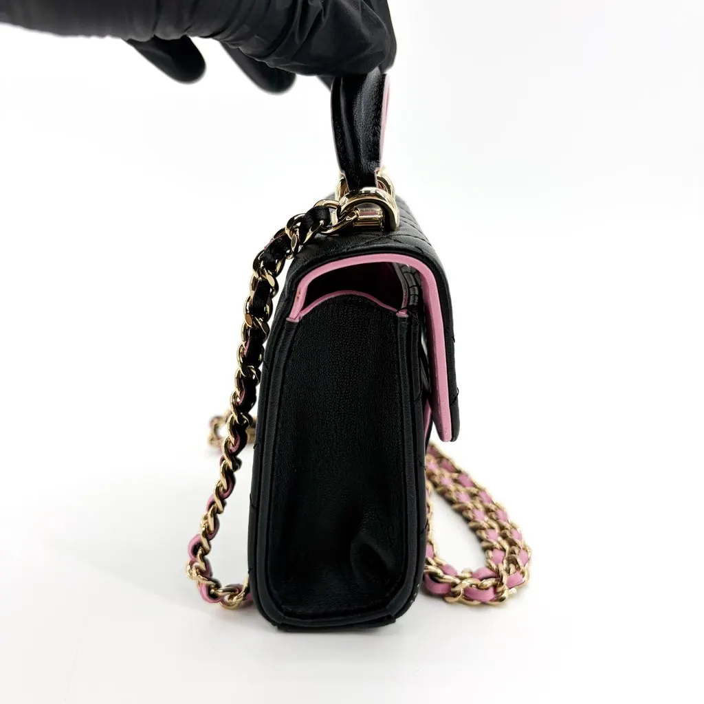 Chanel Lambskin Mini Top Handle Flap Bag Black Champagne Gold Black Leather Very good - Box View