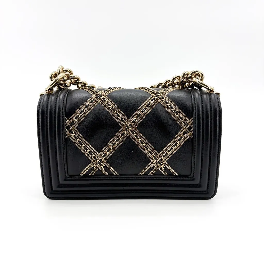 Chanel Boy Chanel Flap Bag Chain Emblem Small Black Gold Hardware Black Leather Very good - Back View