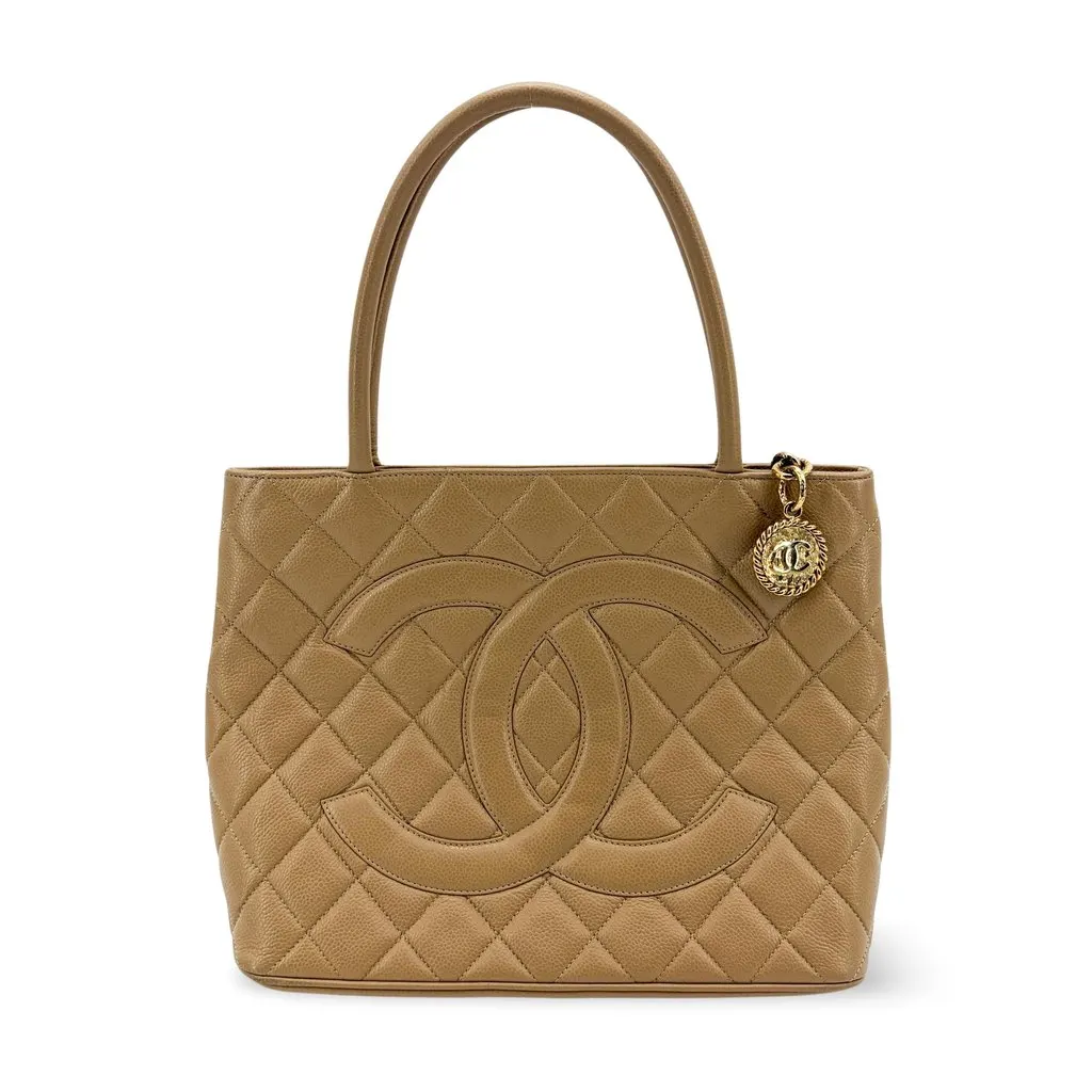 Chanel Caviar Medallion Tote Bag Beige Gold Hardware Beige Leather Good - Front View