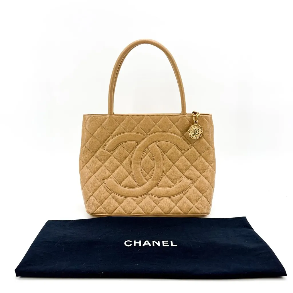 Chanel Caviar Medallion Tote Bag Beige Gold Hardware Beige Leather Good - Back View