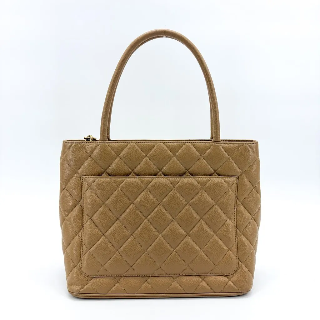 Chanel Caviar Medallion Tote Bag Beige Gold Hardware Beige Leather Good - Inside View