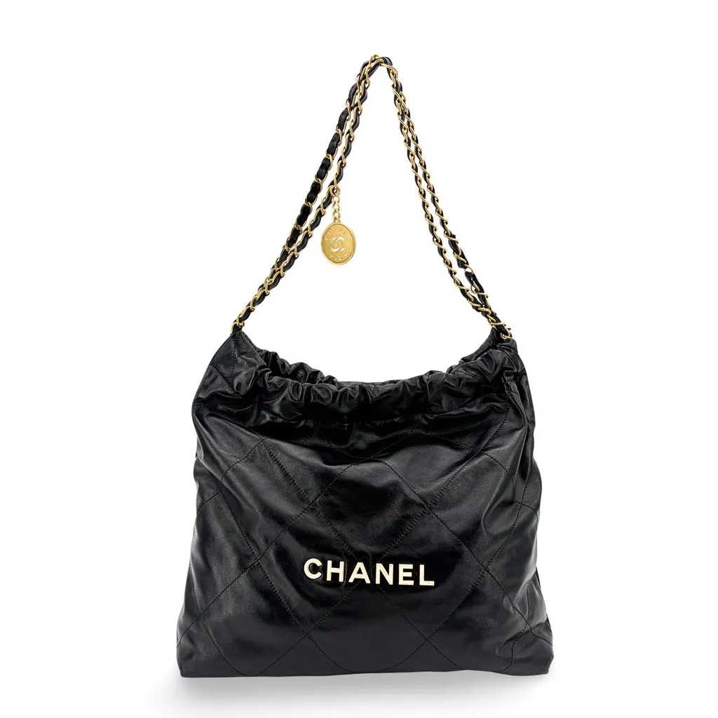 Chanel 22 Handbag Shiny Calfskin Black Gold Hardware Black Leather Very good - Front View