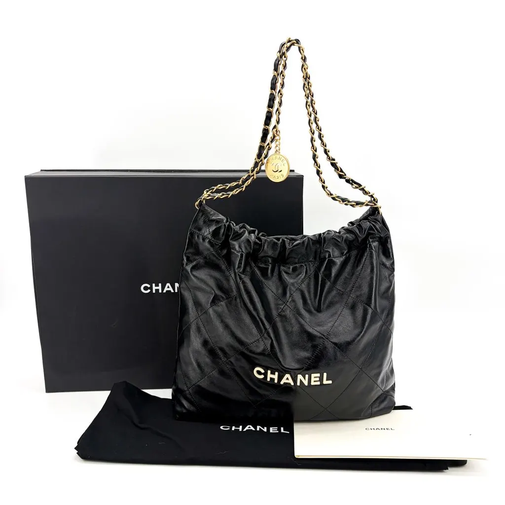Chanel 22 Handbag Shiny Calfskin Black Gold Hardware Black Leather Very good - Back View
