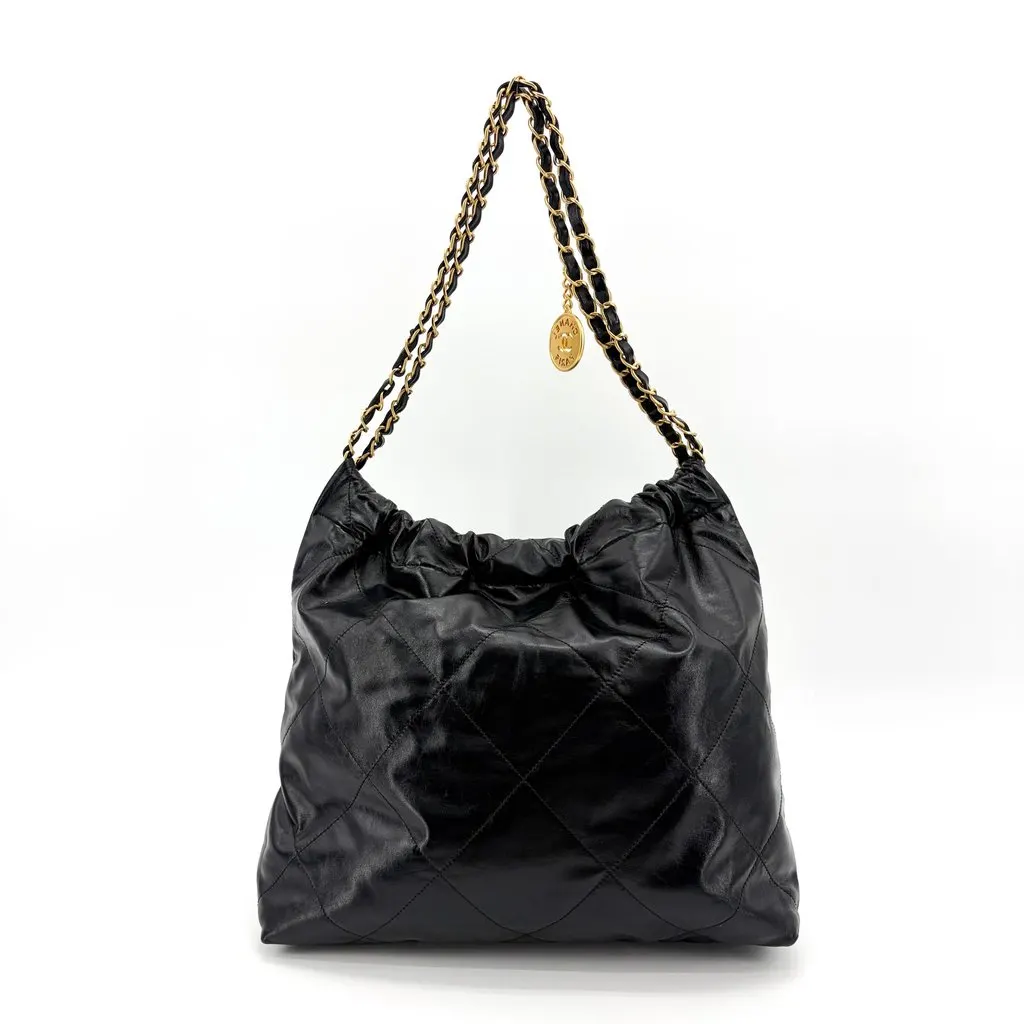 Chanel 22 Handbag Shiny Calfskin Black Gold Hardware Black Leather Very good - Inside View