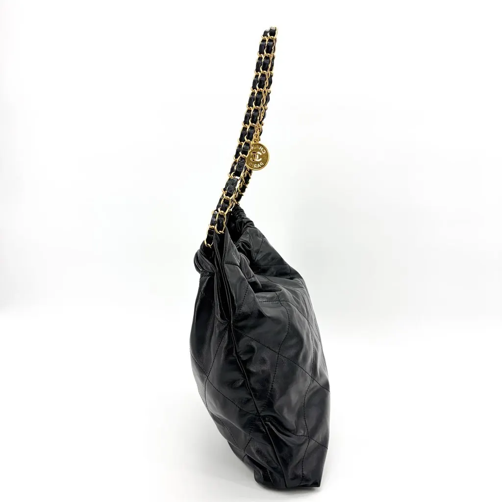 Chanel 22 Handbag Shiny Calfskin Black Gold Hardware Black Leather Very good - Model View
