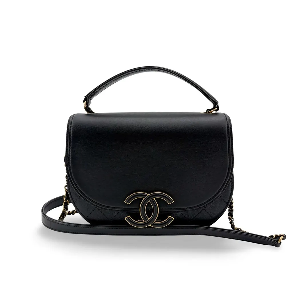 Chanel Lambskin Round Flap Top Handle Bag Black Gold Hardware Black Leather Good - Front View