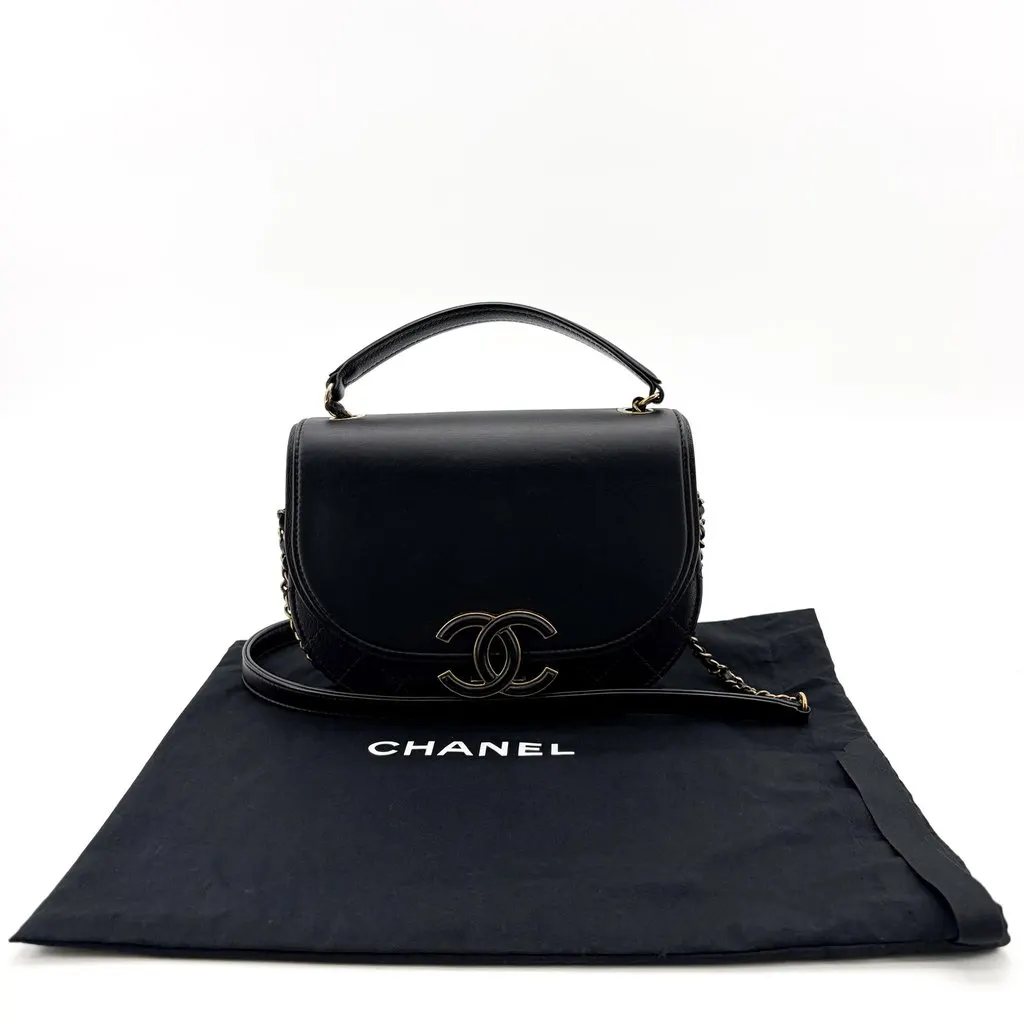 Chanel Lambskin Round Flap Top Handle Bag Black Gold Hardware Black Leather Good - Back View
