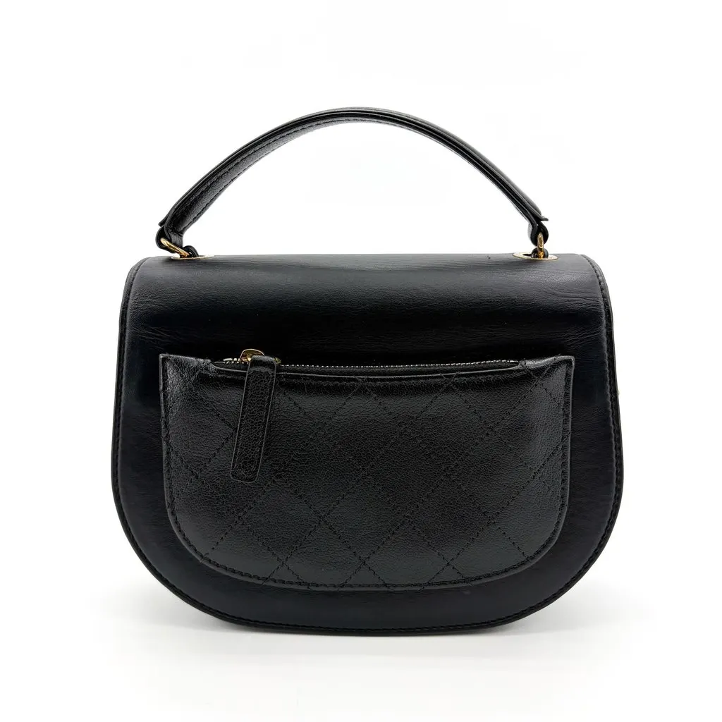 Chanel Lambskin Round Flap Top Handle Bag Black Gold Hardware Black Leather Good - Inside View