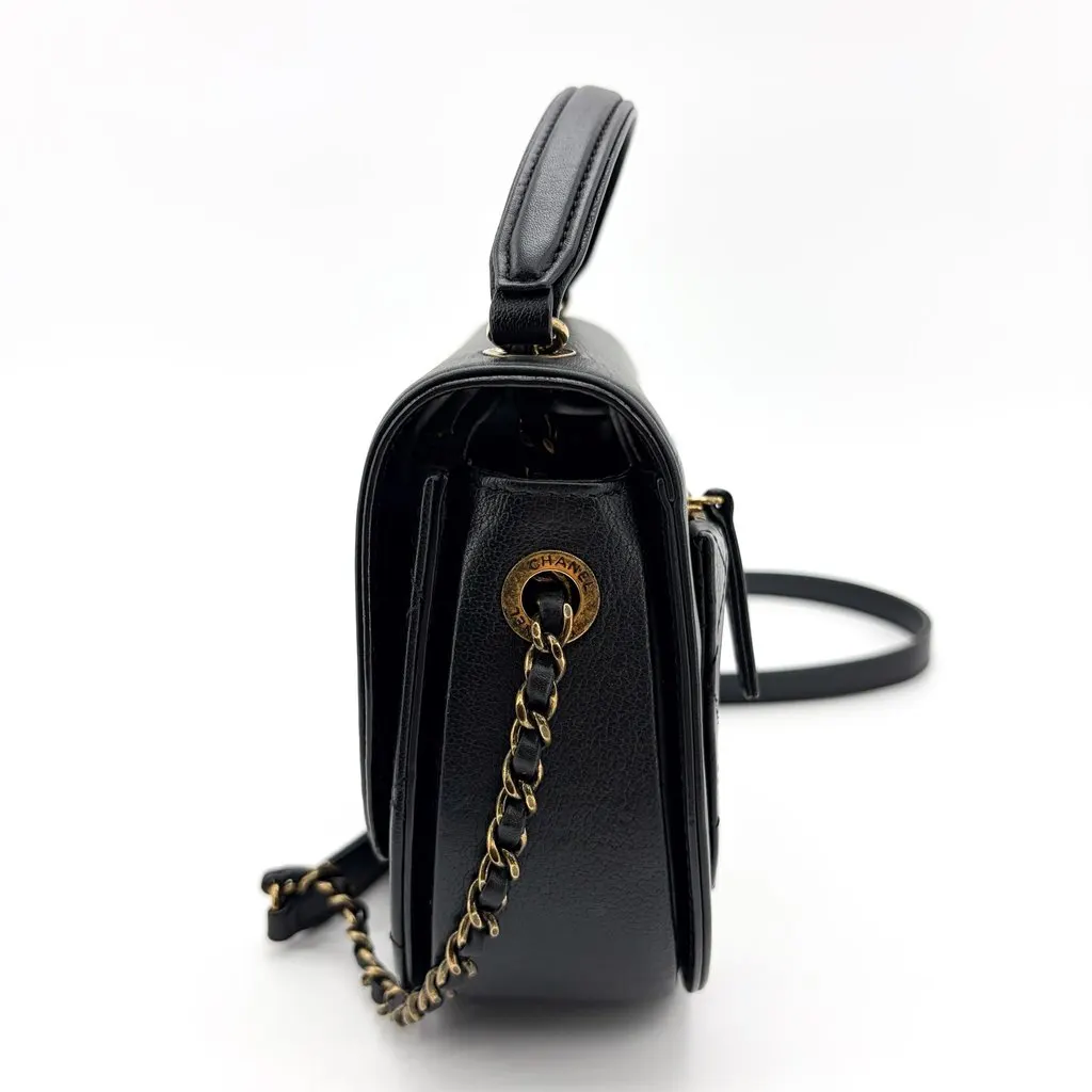 Chanel Lambskin Round Flap Top Handle Bag Black Gold Hardware Black Leather Good - Model View