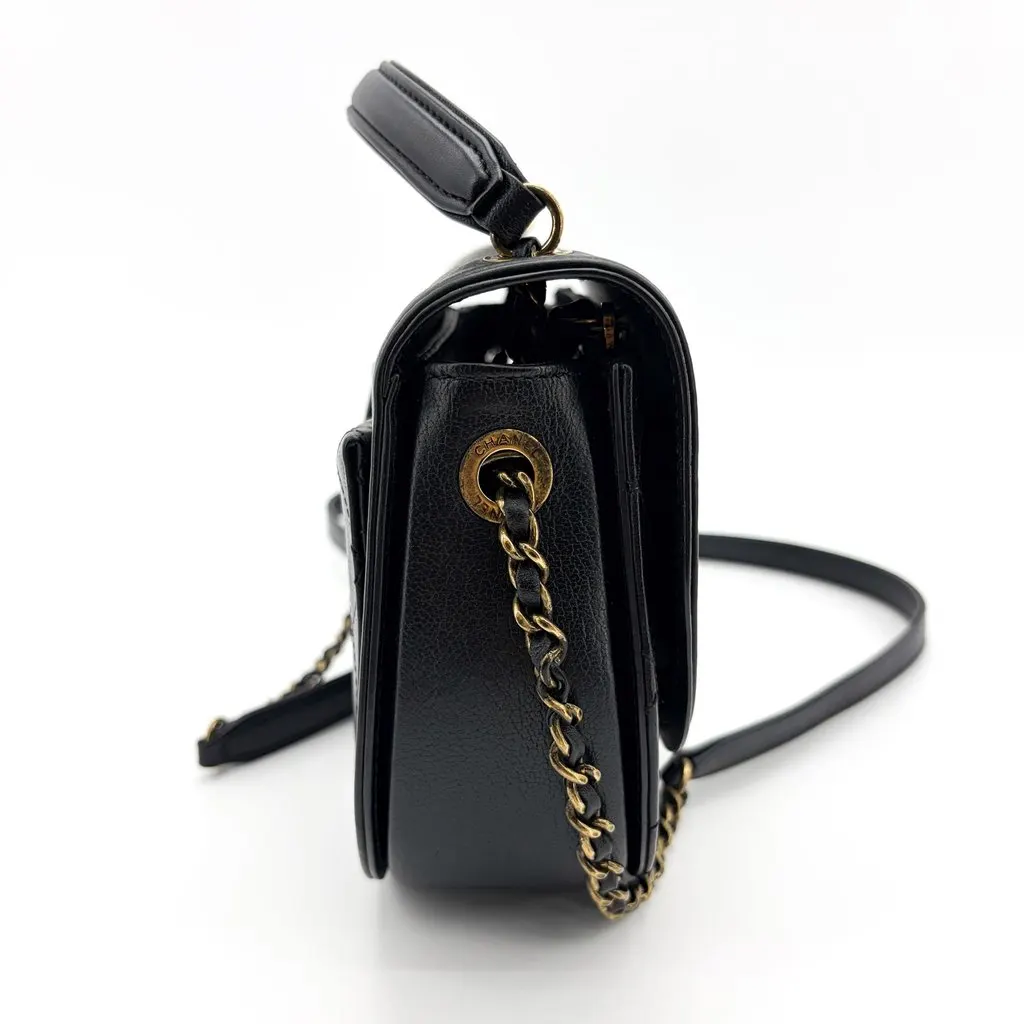 Chanel Lambskin Round Flap Top Handle Bag Black Gold Hardware Black Leather Good - Box View