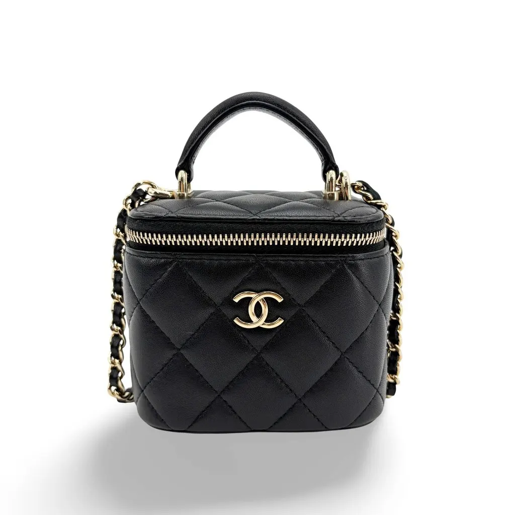 Chanel Mini Vanity Case with Handle Lambskin Gold Hardware Black Black Leather Very good - Front View