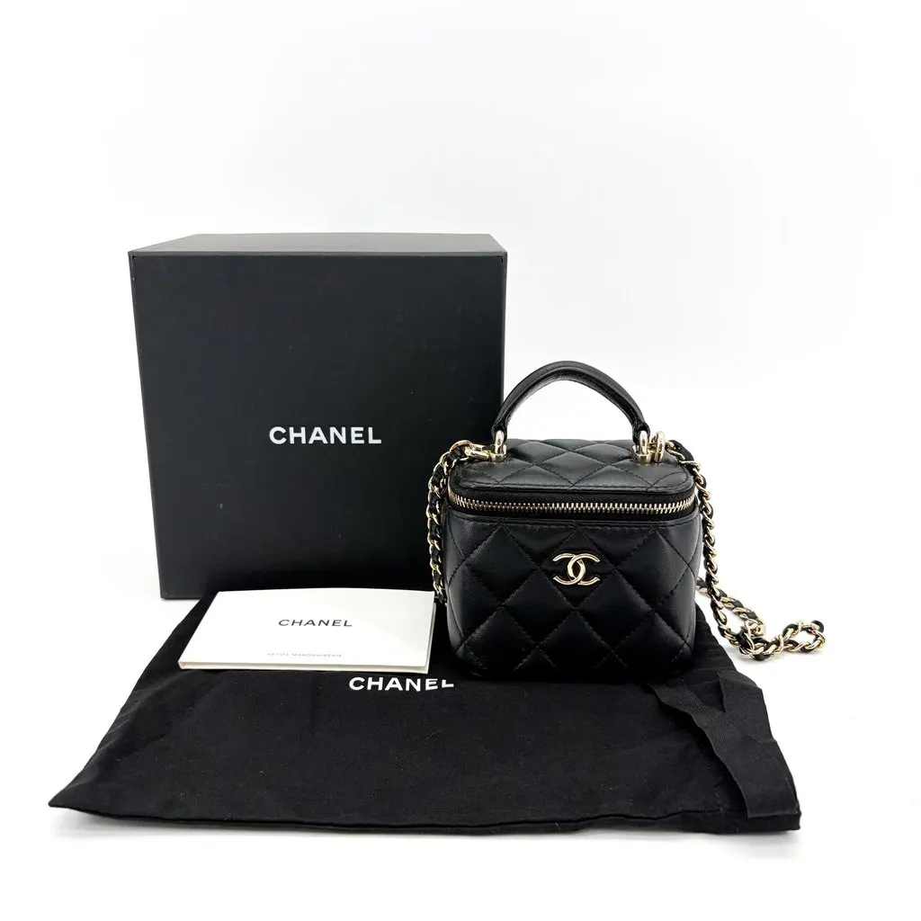 Chanel Mini Vanity Case with Handle Lambskin Gold Hardware Black Black Leather Very good - Back View
