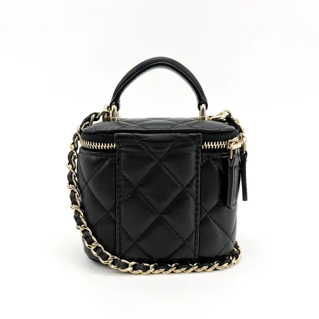 Chanel Mini Vanity Case with Handle Lambskin Gold Hardware Black Black Leather Very good - Inside View
