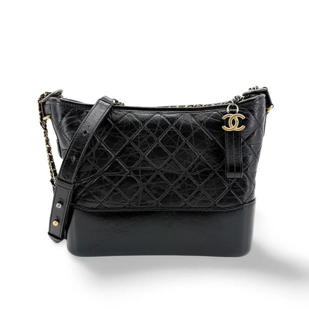 Chanel Gabrielle Medium Hobo Bag Black Vintage Calfskin Gold Hardware Silver Hardware Black Leather Very good - Front View