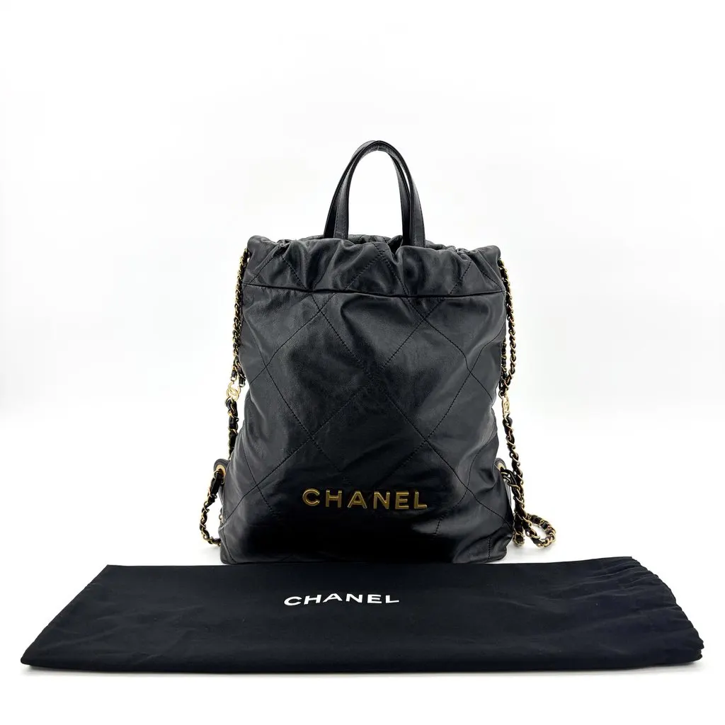 Chanel 22 Backpack Shiny Calfskin Gold Hardware Black Black Leather Very good - Back View