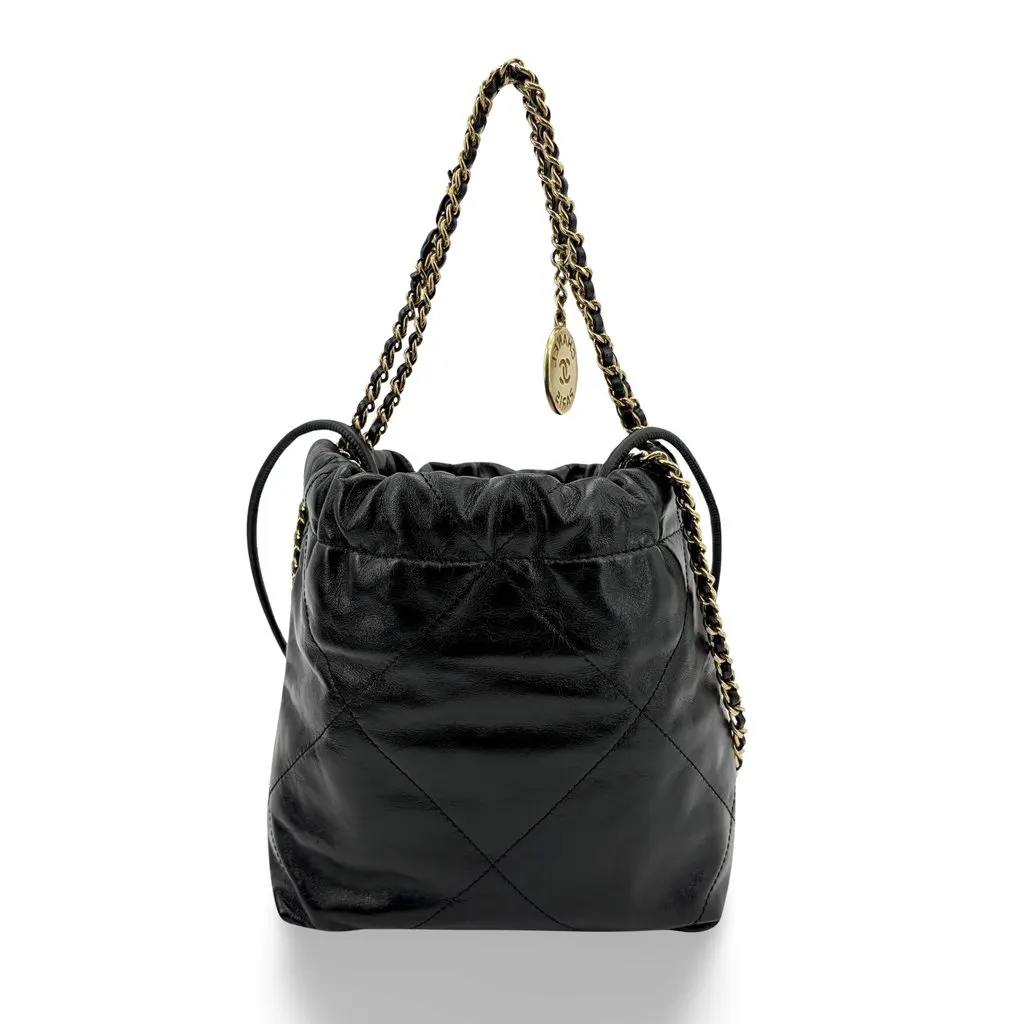 Chanel 22 Mini Handbag Black Glossy Calfskin Gold Hardware Black Leather Very good - Back View