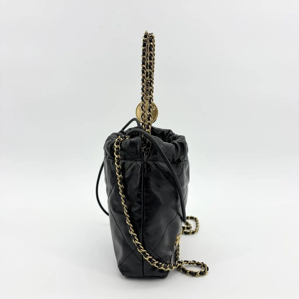 Chanel 22 Mini Handbag Black Glossy Calfskin Gold Hardware Black Leather Very good - Box View