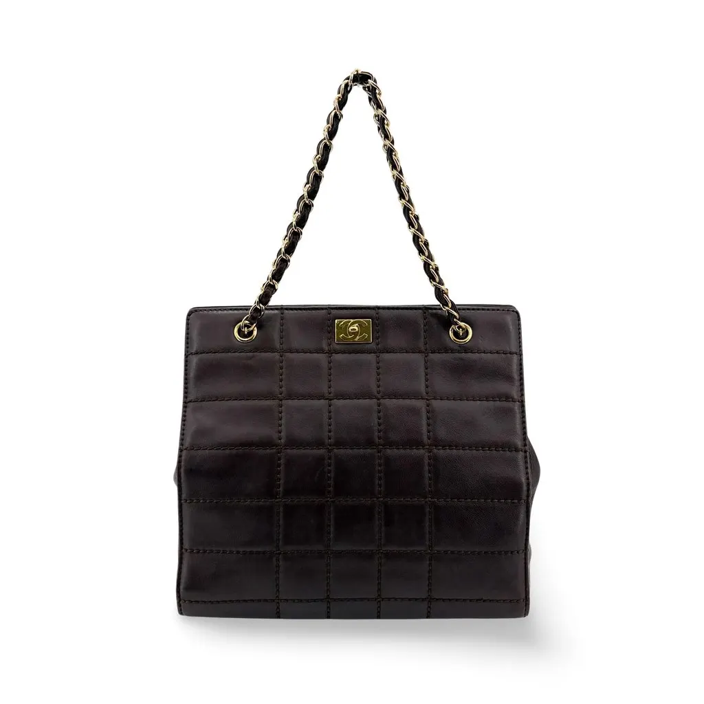 Chanel Chocolate Bar Chain Shoulder Bag Dark Brown Gold Hardware Brown Leather Good - Front View