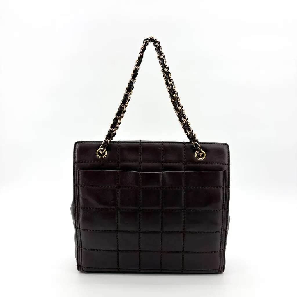 Chanel Chocolate Bar Chain Shoulder Bag Dark Brown Gold Hardware Brown Leather Good - Back View