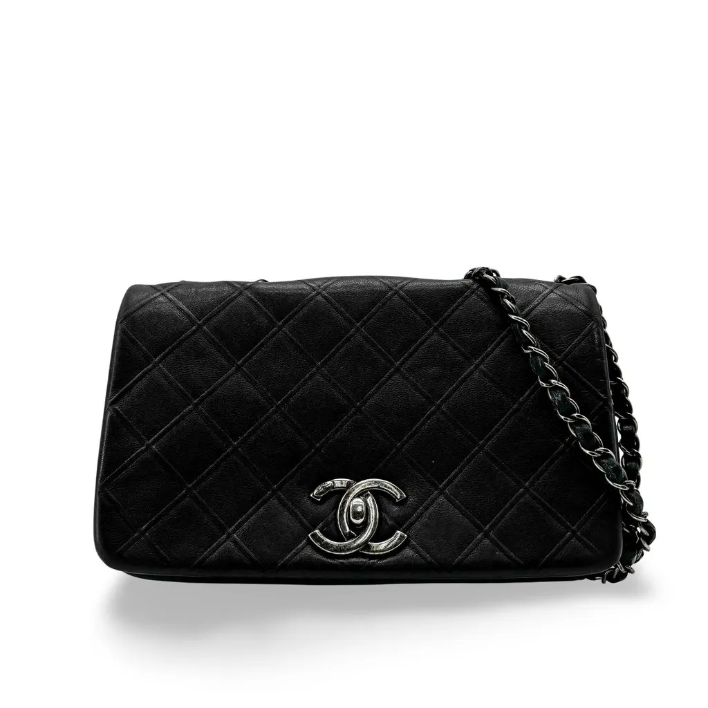 Chanel Vintage Classic Single Flap Bag Medium Lambskin Black Silver Hardware Black Leather Good - Front View