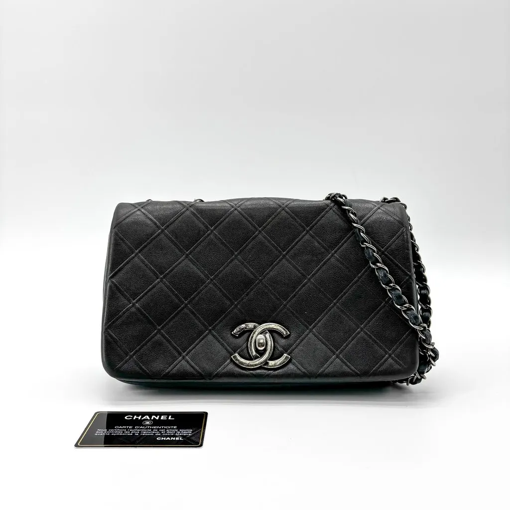 Chanel Vintage Classic Single Flap Bag Medium Lambskin Black Silver Hardware Black Leather Good - Back View